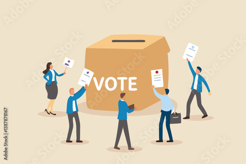 Voting, poll or employee feedback questionnaire, politic choice, opinion or democracy, election or customer survey, referendum concept, diverse people hold voting paper checkmark putting in vote box.