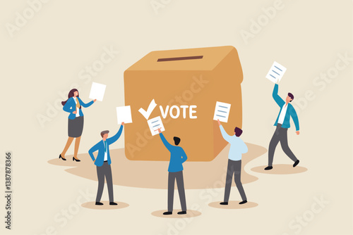 Voting, poll or employee feedback questionnaire, politic choice, opinion or democracy, election or customer survey, referendum concept, diverse people hold voting paper checkmark putting in vote box.