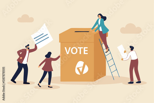 Voting, poll or employee feedback questionnaire, politic choice, opinion or democracy, election or customer survey, referendum concept, diverse people hold voting paper checkmark putting in vote box.