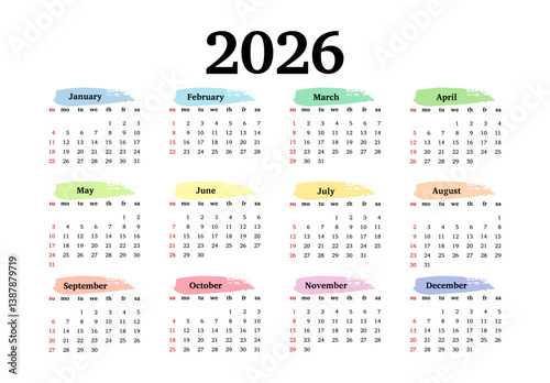 Calendar for 2026 isolated on a white background