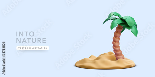 Tropical Palm Tree on Beach Sand Island in Minimal 3D Cartoon Style. Perfect for Summer, Vacation, and Nature Themes. Clean Background for Easy Use. Vector Illustration.