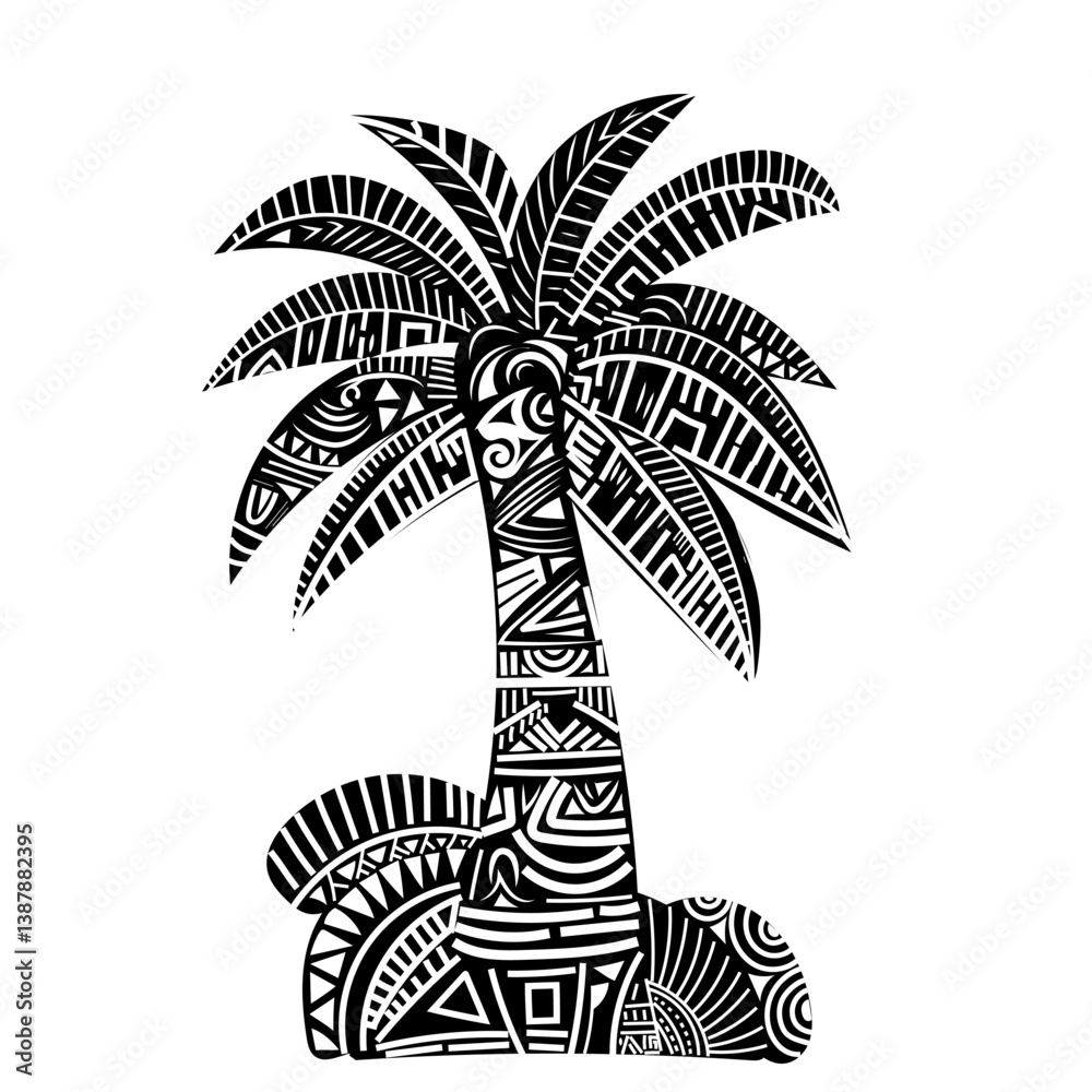 Polynesian tribal palm tree, tropical island vibes, detailed Maori tattoo-inspired patterns, intricate tribal textures, black ink silhouette, high contrast engraving, cultural Polynesian motifs, vecto