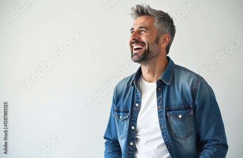 Happy, smiling caucasian man in casual denim shirt isolated on white background. Adult male with gray hair, beard laughs, looking up. Joyful person with positive emotions, good mood and confidence.