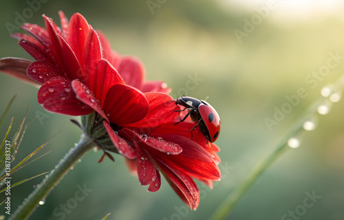 Beautiful ladybug on leaf defocused background
