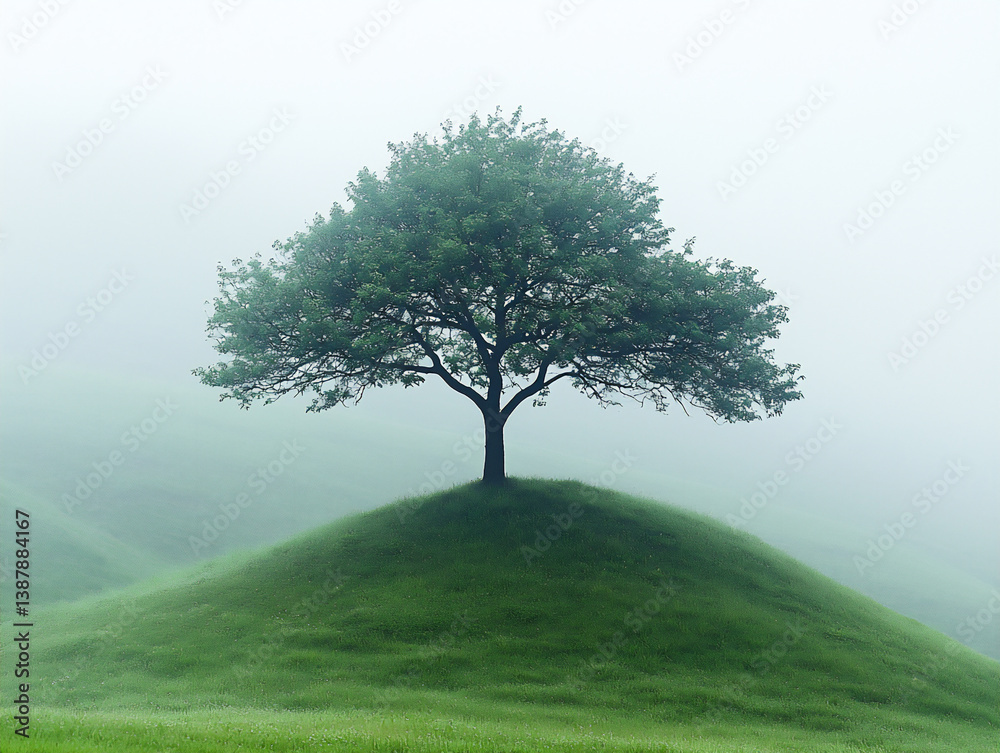 Fototapeta premium solitary tree on misty hill,