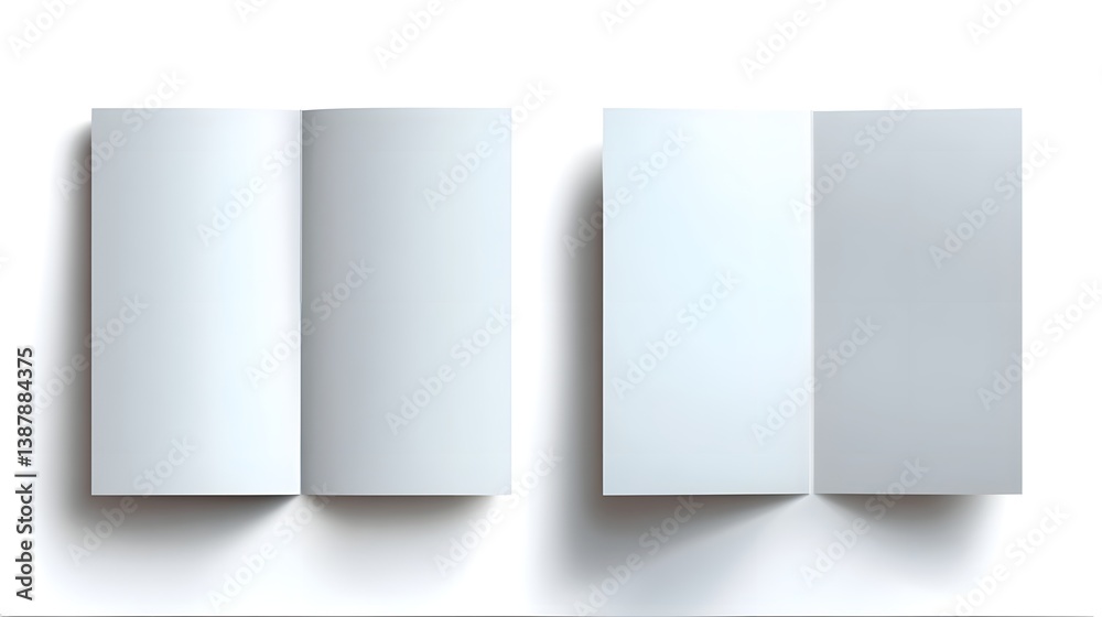 Minimalist mockup showing blank horizontal brochures or leaflets on a clean white background with one opened and one closed and soft shadows creating a simple elegant presentation Minimalist mockup showing blank horizontal brochures or leaflets on a clean white background with one opened and one closed and soft shadows creating a simple elegant presentation