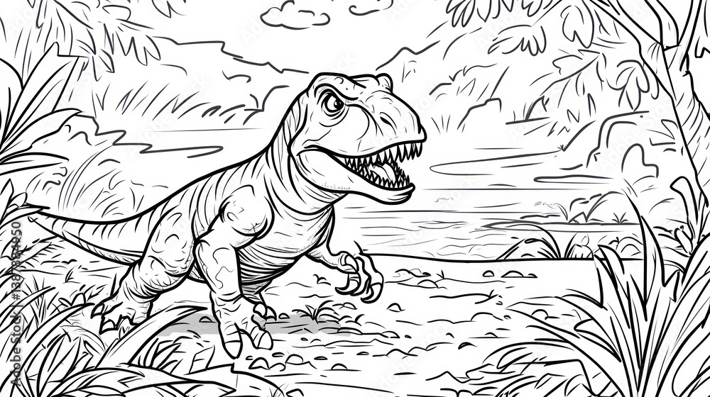 Naklejka premium Prehistoric dinosaur, jungle background, line art illustration, coloring page