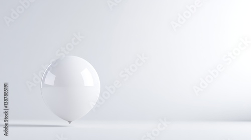 A single, smooth white balloon sits in a minimalist setting. The balloon is centrally positioned against a plain white background. The image is clean, high-resolution, and features soft, even lighti