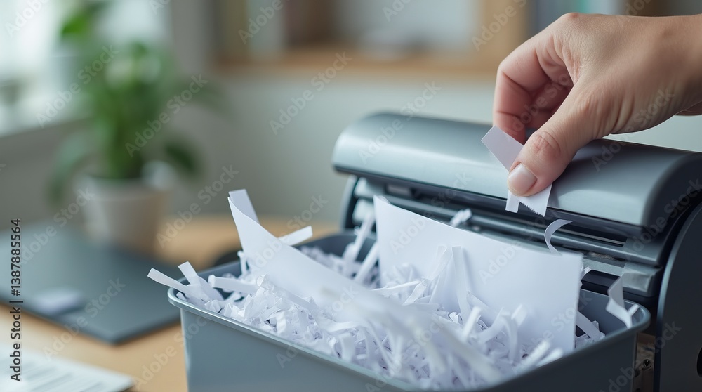Secure document disposal: close-up of hand using paper shredder for confidential files