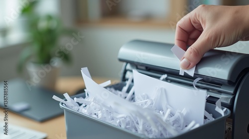Obraz na płótnie Secure document disposal: close-up of hand using paper shredder for confidential files w salonie