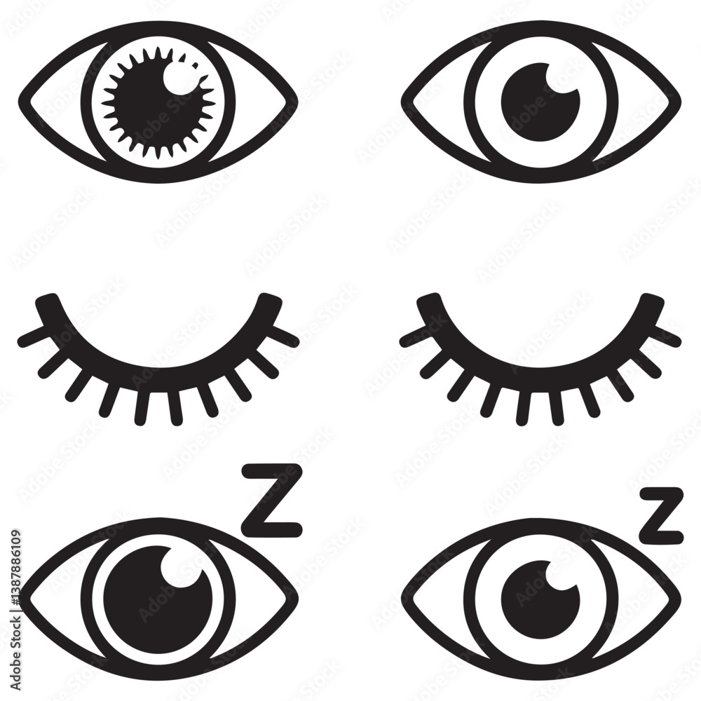 Outline eye icons. Open and closed eyes images, sleeping eye shapes with eyelash, vector supervision and searching signs. with white background