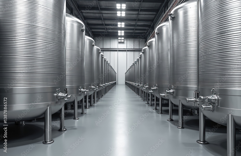 Obraz premium Metallic industrial wine tank trucks storage fermentation plant. Steel wine tanks inside factory. Modern winery alcohol production, automated processes. Stainless steel tanks, brewery equipment.