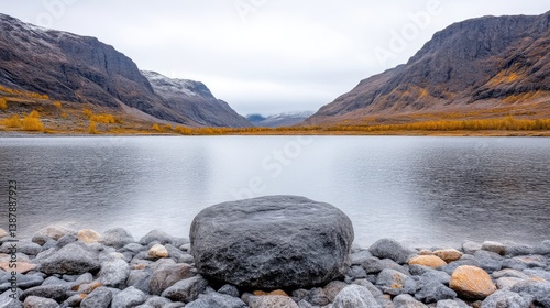 Large Lake Rock Autumnal Mountains Sharp Focus Still Water Landscape Panoramic View Serene Stillness Mountain Lake Background Cool Blue Tones Nature Photography