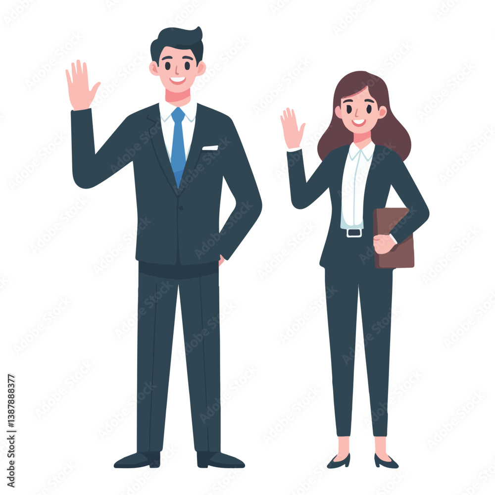 vector businessman and secretary standing waving hands vector businessman and secretary standing waving hands