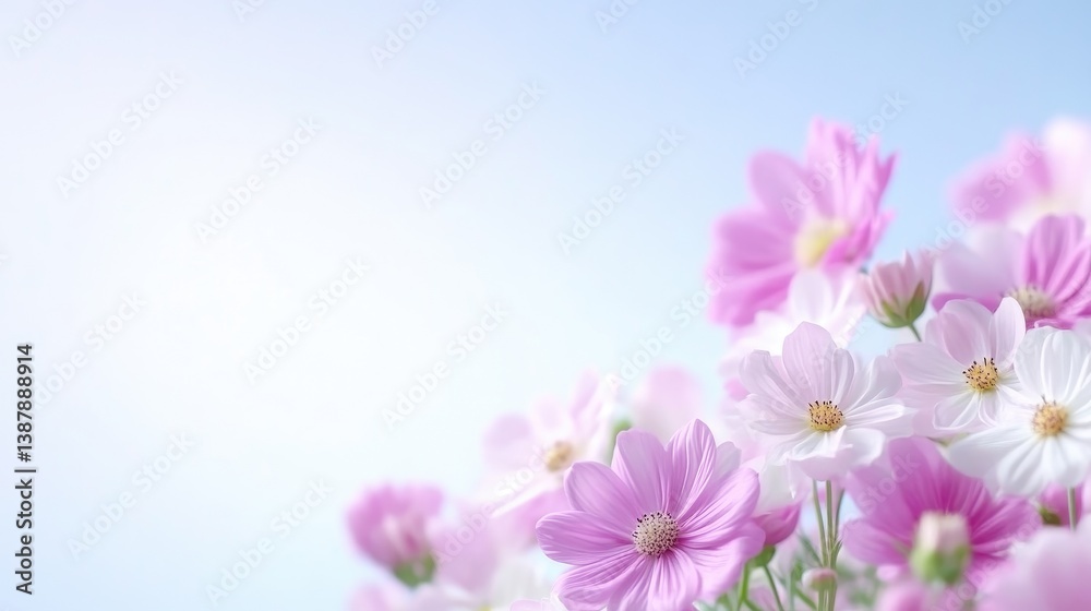 Delicate pink and white cosmos flowers fill the frame. Soft lighting creates a gentle mood. The image is high quality, with a blurred background. Its pastel color palette evokes serenity. The style Delicate pink and white cosmos flowers fill the frame. Soft lighting creates a gentle mood. The image is high quality, with a blurred background. Its pastel color palette evokes serenity. The style