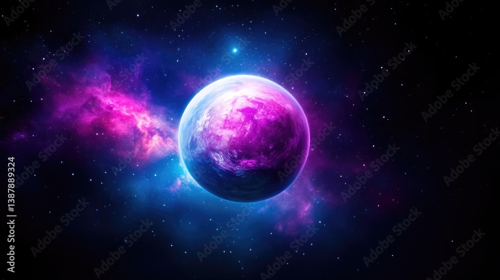 Fototapeta premium Cosmic Planet Nebula Clouds Fantasy Style Vibrant Glowing Center Focus Detailed Surface Celestial Body Exploration Deep Space Neon Pink Blue Sci-fi Wallpaper