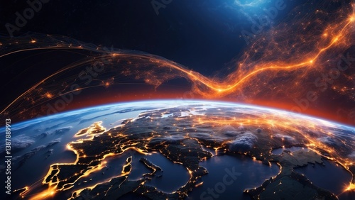 A view of Earth from space at night with illuminated cities connected by bright orange lines representing data connections and network activity.