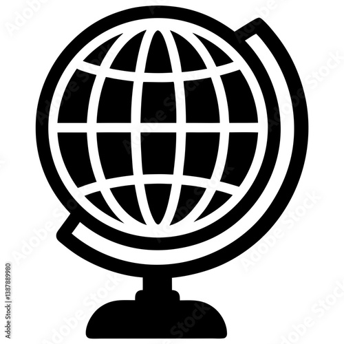 A simple silhouette of a world globe on a stand.
