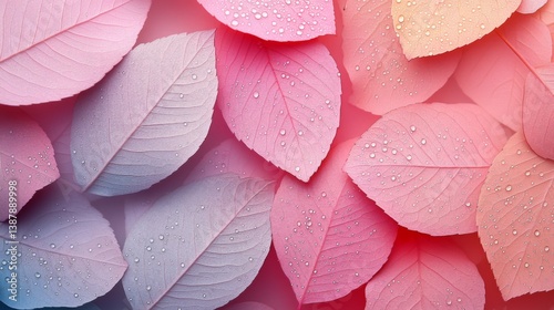 This stunning image showcases a vibrant arrangement of colorful leaves adorned with water droplets, creating a serene and refreshing visual experience for nature lovers.