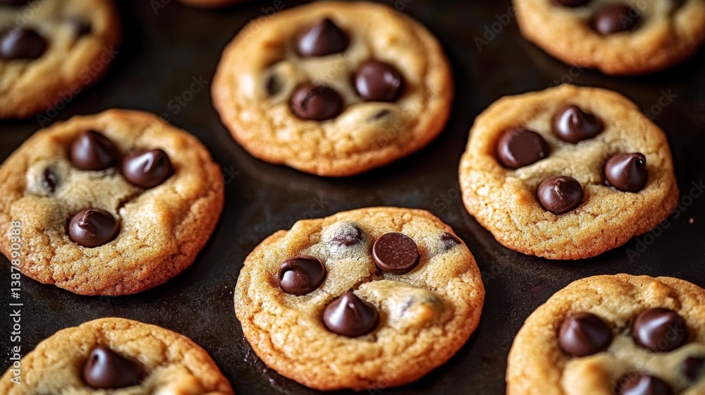This stunning close-up image highlights the texture and chocolate chips of freshly baked cookies, inviting viewers to savor their warmth and deliciousness at first glance. This stunning close-up image highlights the texture and chocolate chips of freshly baked cookies, inviting viewers to savor their warmth and deliciousness at first glance.