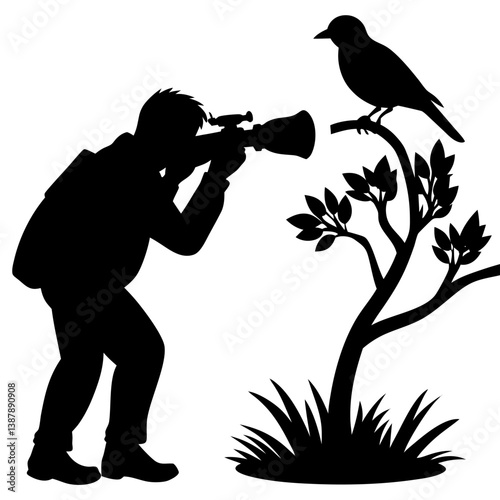 Silhouette of wildlife photographer taking bird picture
