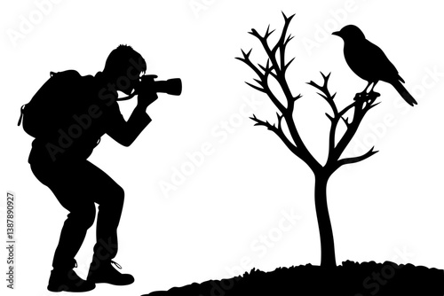Silhouette of photographer taking picture of bird on tree.