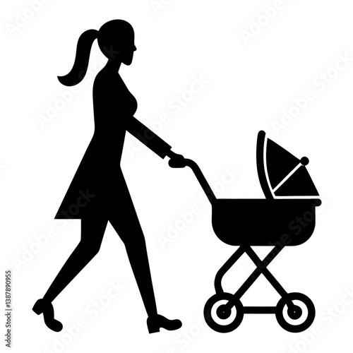 Silhouette of woman with baby stroller for motherhood design