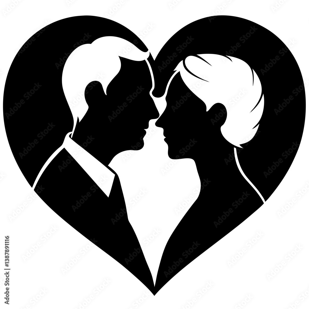 Silhouette of loving couple in heart shape for valentine's day.