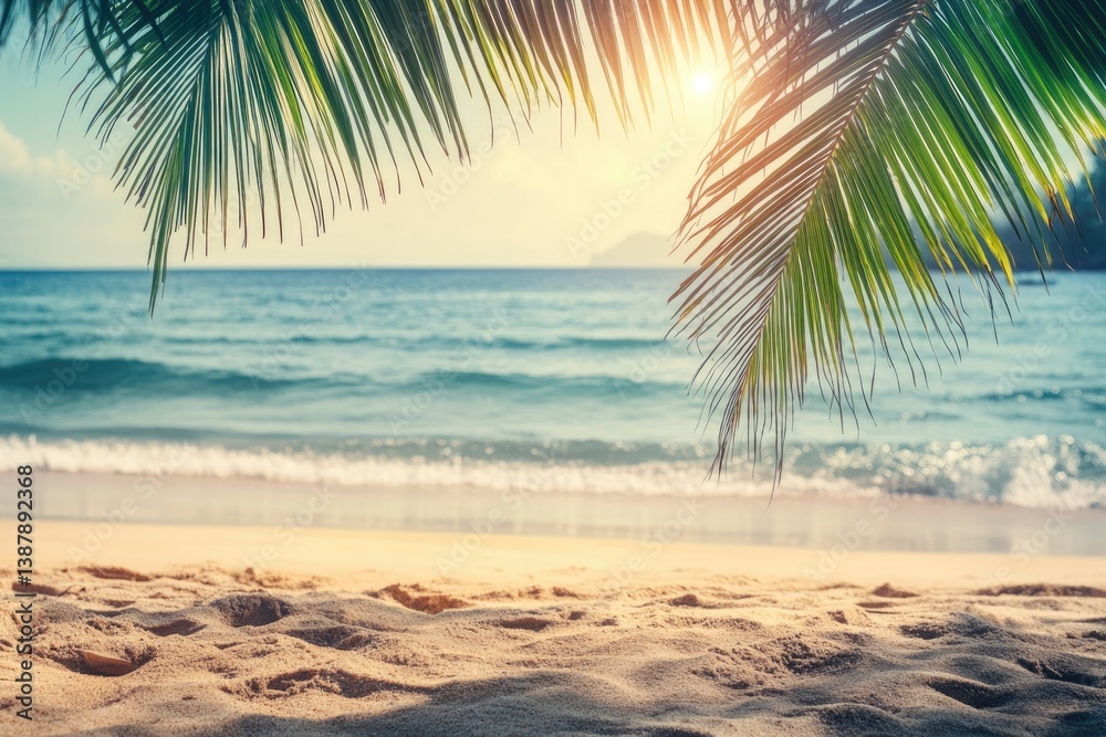 Obraz premium Serene tropical beach scene with palm fronds framing a sunlit ocean and sandy shore.