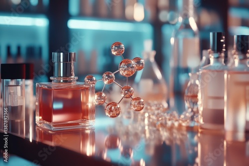 A perfume bottle in a lab setting, showcasing the science behind fragrance creation.
