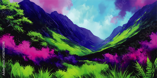 Stunning Scenic Vector Illustration of Magical Valley Landscape with Vibrant Pink Purple and Green Colors Lush Vegetation Majestic Mountains and Dramatic Cloudy Sky