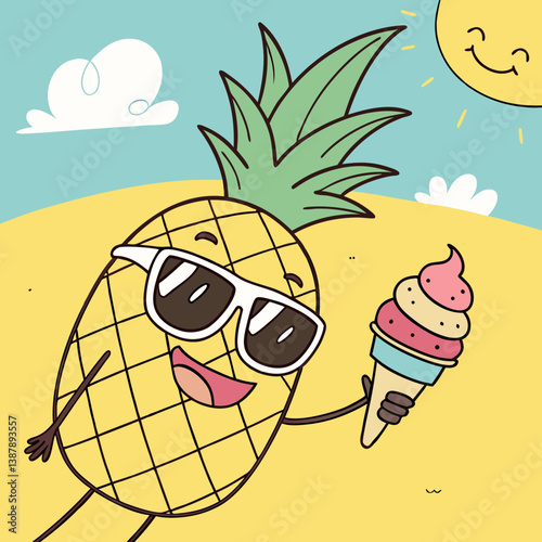 Pineapple Wearing Sunglasses Holding Ice Cream – Fun Summer Fruit Cartoon Vector