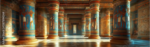 photorealistic interior of an Egyptian palace featuring intricate hieroglyphic murals