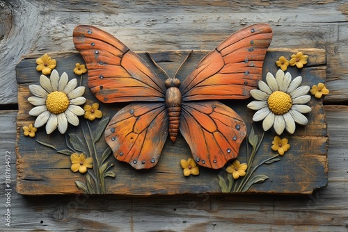 Bright orange butterfly with daisies on distressed blue wood background, perfect for spring and nature-themed designs.

