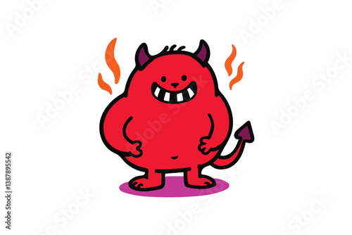 A Chubby Red Devil with Tiny Horns and a Mischievous Grin, Emanates Fiery Whimsies on a Crisp White Stage.