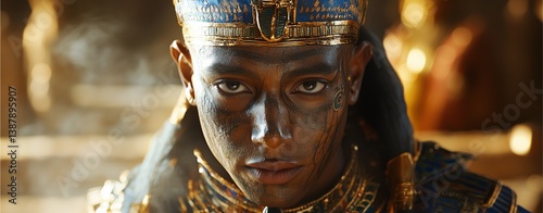 cinematic, highly detailed image of a modern take on pharaoh attire, blending ancient motifs with  clarity and perfect focus.
