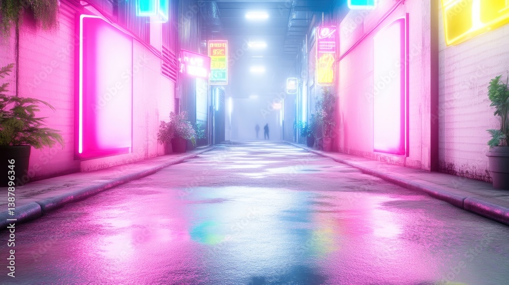 Fototapeta premium Neon-lit alleyway, rain-slicked pavement, vibrant colors, urban scene