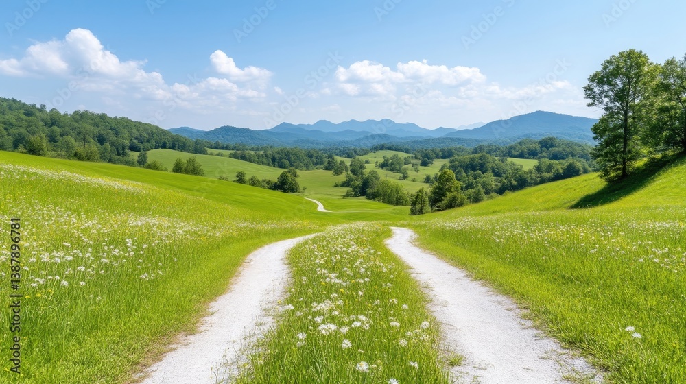 A winding dirt road traverses a vibrant green meadow dotted with wildflowers. Rolling hills and distant mountains form a scenic backdrop under a bright, sunny sky. The image is high-resolution, showc