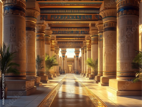Egyptian palace with crisp architectural details, vibrant lighting, clean composition that exudes history