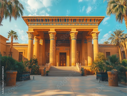Egyptian palace with crisp architectural details, vibrant lighting, clean composition that exudes history ,sanctuary