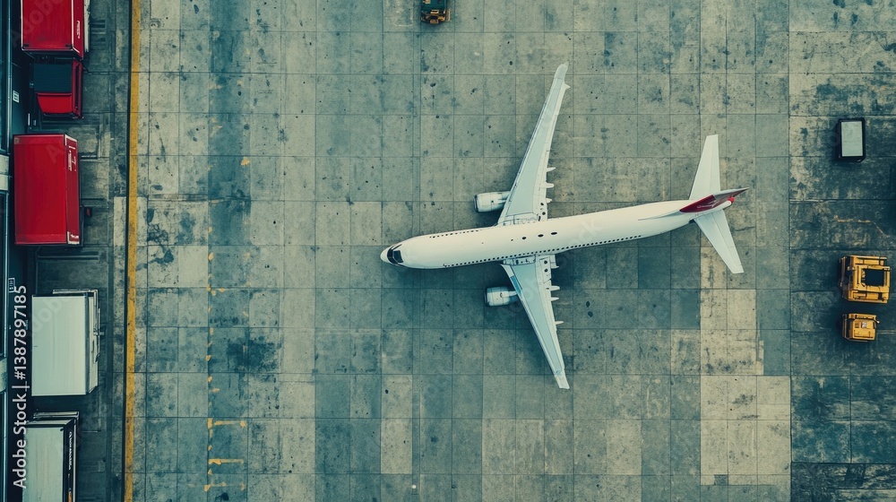 Aerial view of an airplane on a tarmac surrounded by cargo trucks and other vehicles Aerial view of an airplane on a tarmac surrounded by cargo trucks and other vehicles