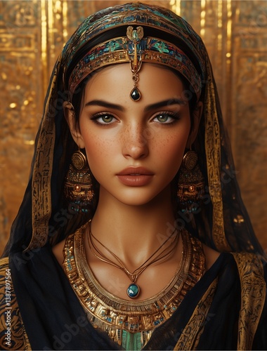 Egyptian queen in modern style, with photorealistic clarity, vibrant colors, crisp details that enhance her regal presence