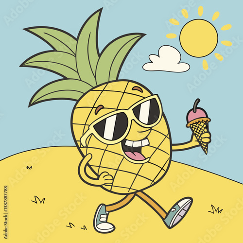Pineapple Wearing Sunglasses Holding Ice Cream – Fun Summer Fruit Cartoon Vector