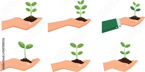 Set hands holding green sprout on white background vector. World Environment Day