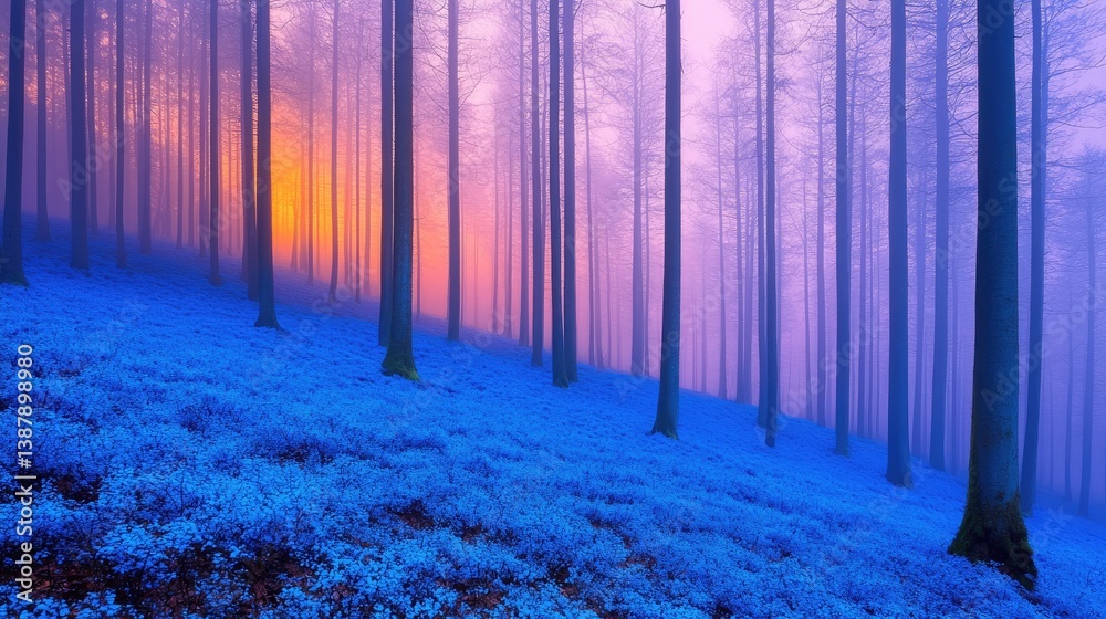 Naklejka premium Forest sunrise paints fog with color over blueberry field. Dreamy nature scene