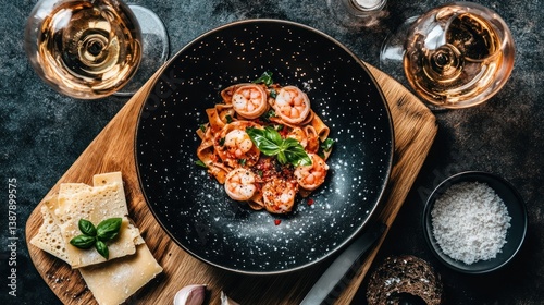 Delicious pasta dish with shrimp served for an elegant meal