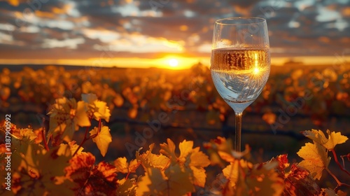 Elegance in the Vineyard: Sunset Reflections on a Wine Bottle and Glass