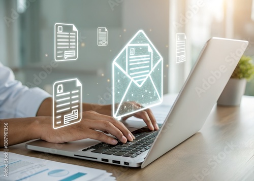 Email Document Transfer Concept on Laptop with Digital File Icons in Office Setting