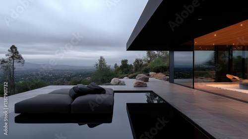 Wallpaper Mural Modern, minimalist home exterior with a floating lounge and infinity pool overlooking a valley.  Expansive glass walls and dark exterior create a sleek, contemporary aesthetic. Torontodigital.ca