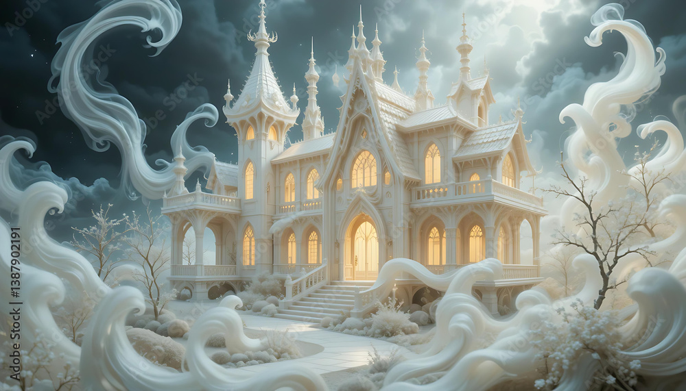 Fototapeta premium Intricate Gothic Mansion Surrounded by Leafless Trees and Wispy Clouds, Creating a Mystical, Ethereal Atmosphere.